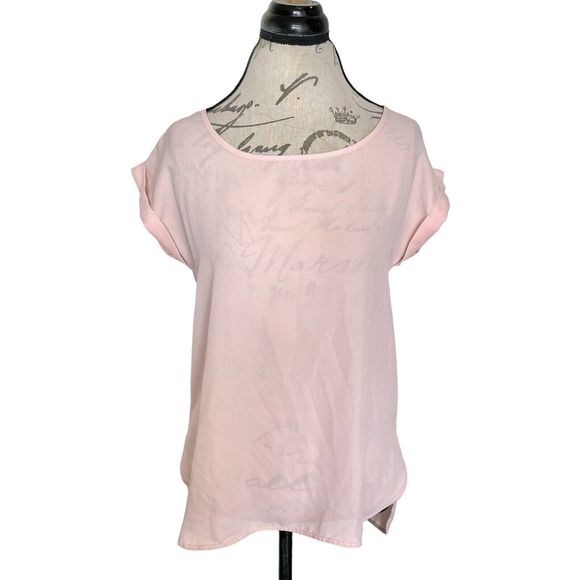 Pink Rose Womens Blouse Size Small Short Sleeve Pink Back Button Slit Office - Picture 1 of 14